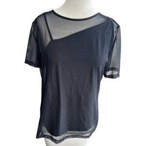 DKNY Black Sheer Mesh Asymmetrical Tank Short Sleeve Top